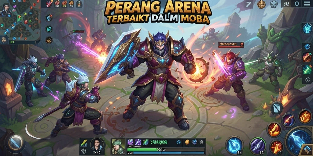 Screenshot menunjukkan pertarungan intens di dalam arena MOBA.