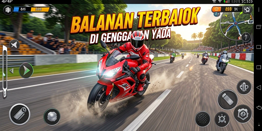 Screenshot gameplay dari balapan motor yang mendebarkan.