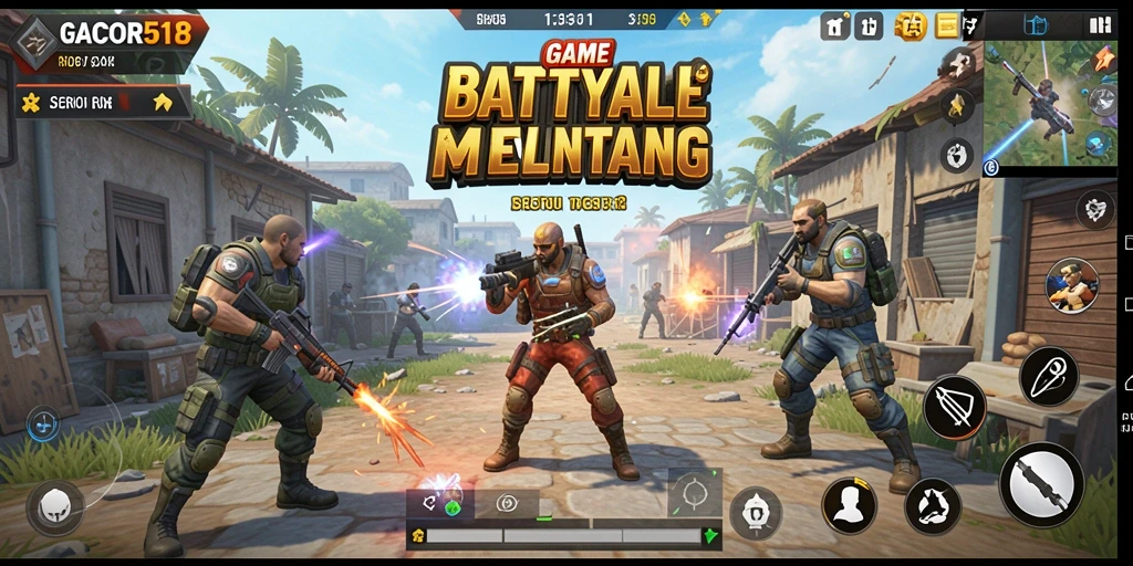 Screenshot utama GACOR518 menampilkan aksi pertempuran Battle Royale yang mendebarkan.