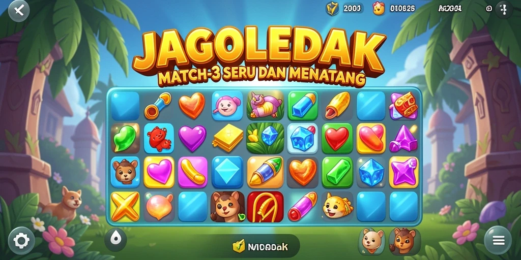 Tampilan gameplay JAGOLEDAK dengan elemen Match-3 yang colorful.