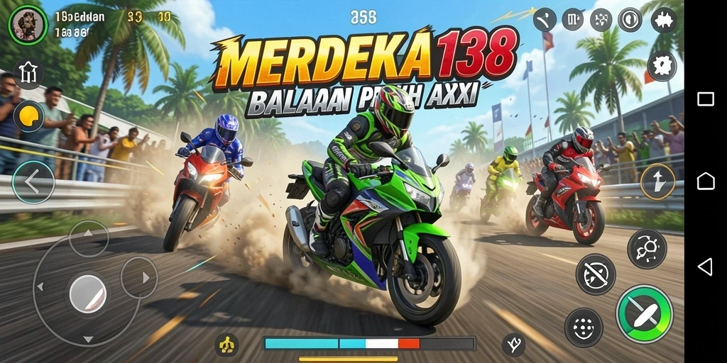 Tampilan gameplay intens dari MERDEKA138 dengan motor balap di trek.