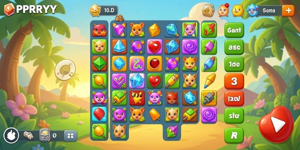 Tangkapan layar utama PPRRYY menunjukkan gameplay Match-3 yang seru.