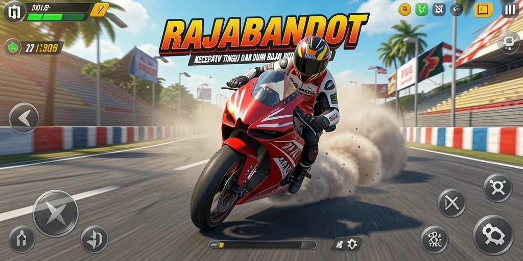 Screenshot RAJABANDOT menampilkan aksi balapan motor yang menegangkan.