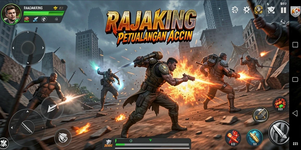 Screenshot gameplay RAJAKING menampilkan aksi mendebarkan di medan pertempuran.